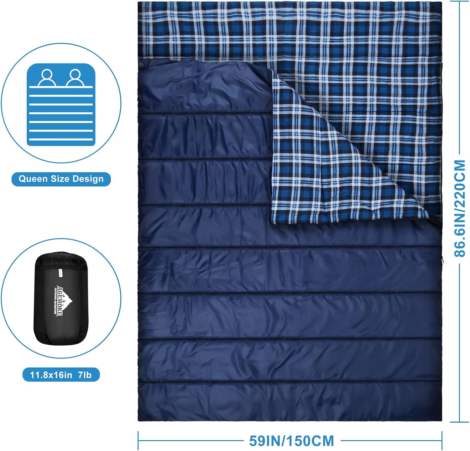 AGEMORE Cotton Flannel Double Sleeping Bag for Camping, Backpacking Or Hiking. Queen Size 2 Person Waterproof Sleeping Bag for Adults Or Teens. Lightweight with Compression Sack - Image 9