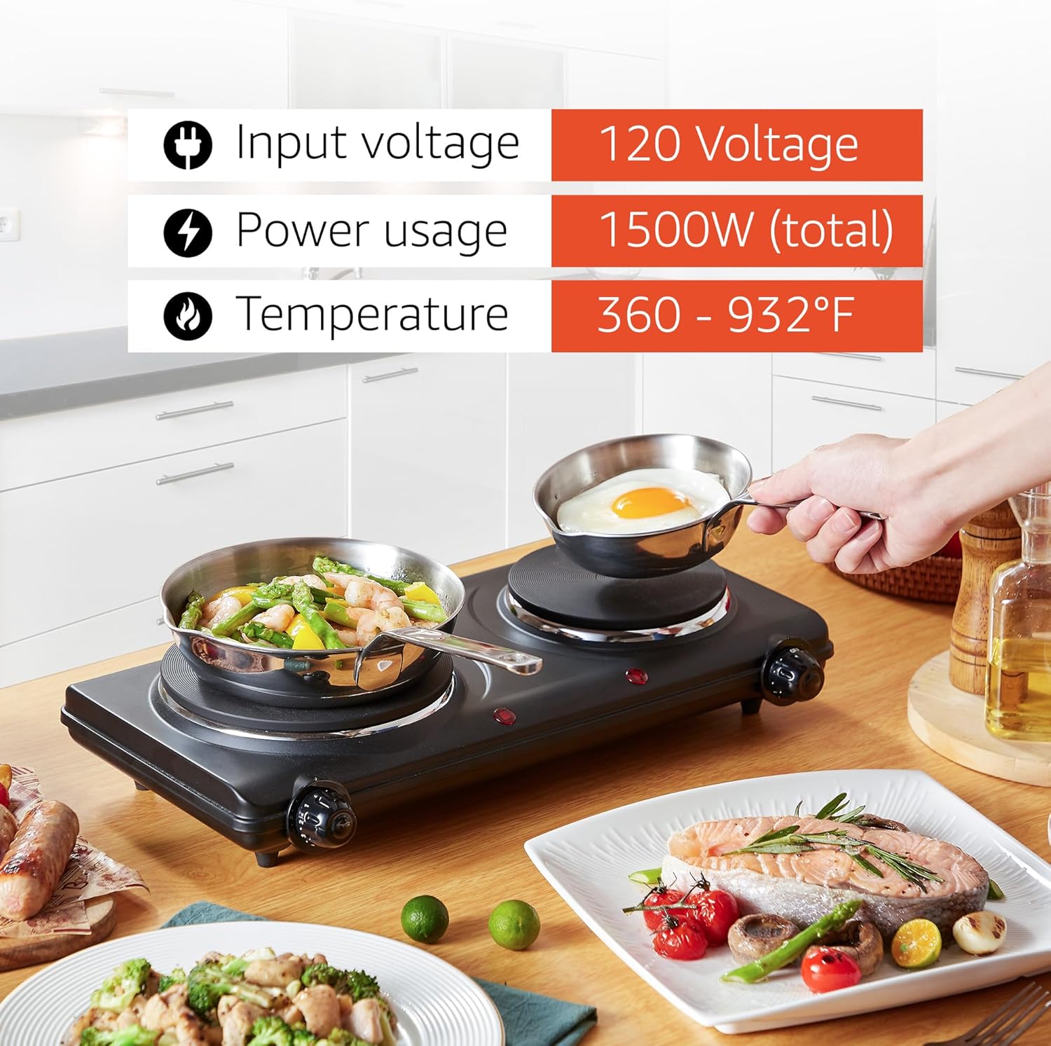 Elite Gourmet EDB-302BF# Countertop Double Cast Iron Burner, 1500 Watts Electric Hot Plate, Temperature Controls, Power Indicator Lights, Easy to Clean, Black - Image 7
